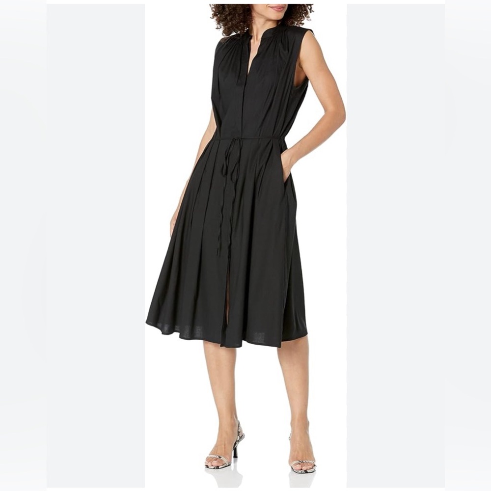Sleeveless Black Midi Dress with Tie Waist